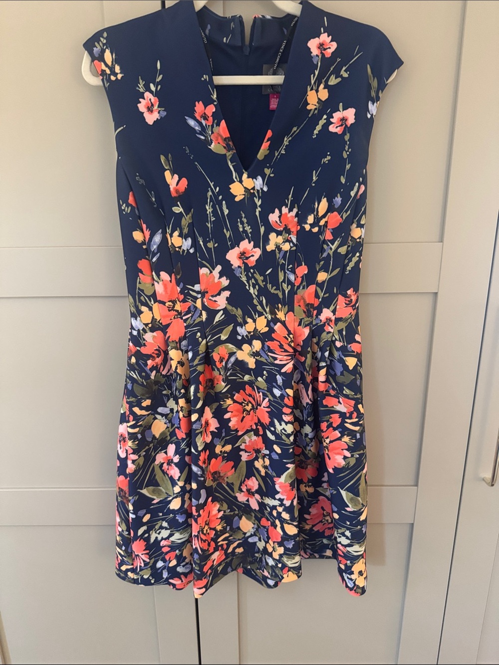 Vince Camuto Navy Floral Fit-and-Flare Dress with Coral, Yellow and Pink Flowers